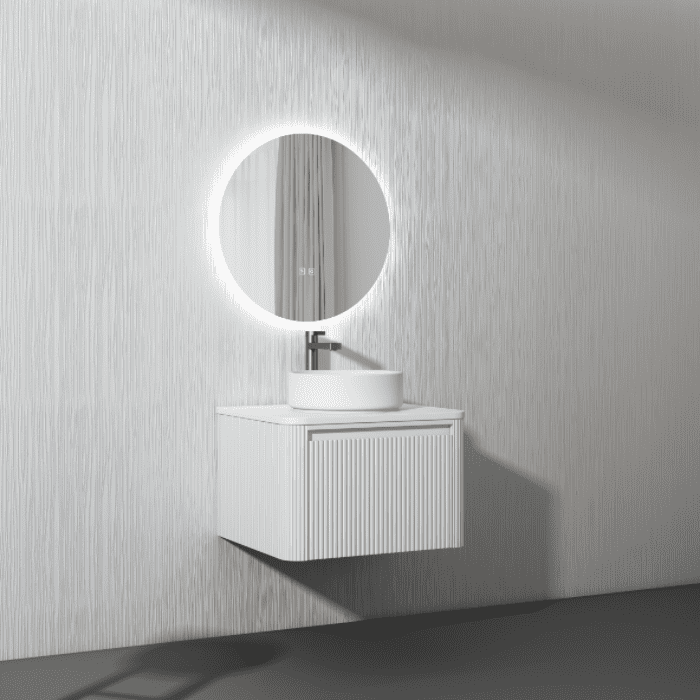 white wall cabinet with round LED mirror